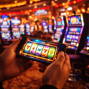 Player holding a smartphone displaying colorful slot reels inside a modern casino style environment.