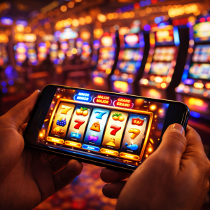 Smartphone displaying a colorful digital slot game with glowing casino machines in the background.